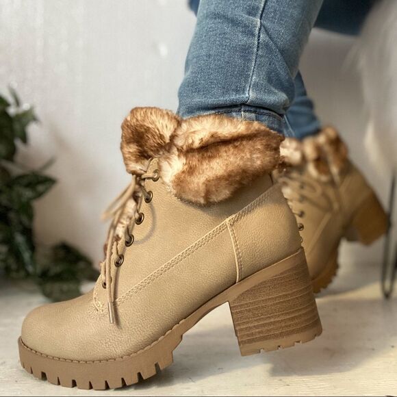 Hiking Beige Faux Suede Combat Booties - Picture 3 of 8